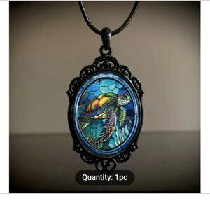 1pc Fashion Sea Turtle Pattern Black Frame Glass Pendant Chain Necklace